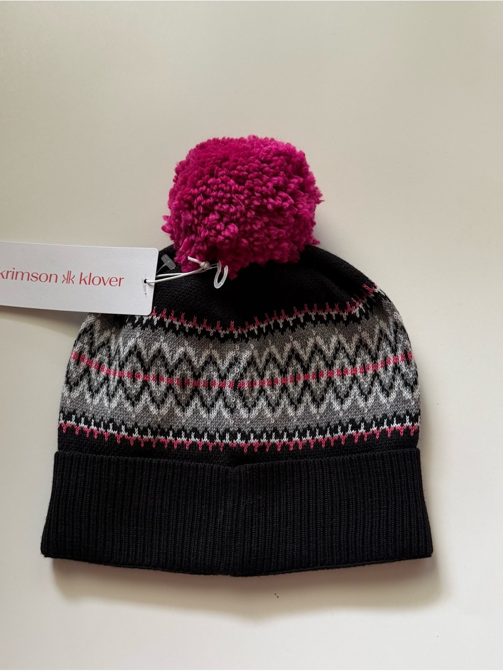 Krimson Klover Black & Fuchsia Pom Fair Isle Jazzy Beanie one size - Picture 2 of 6